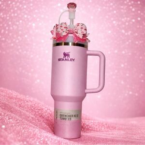 Stanley Quencher H2.0 40oz Pink Tumbler Cherry Bow Topper FlowState Handle Cup